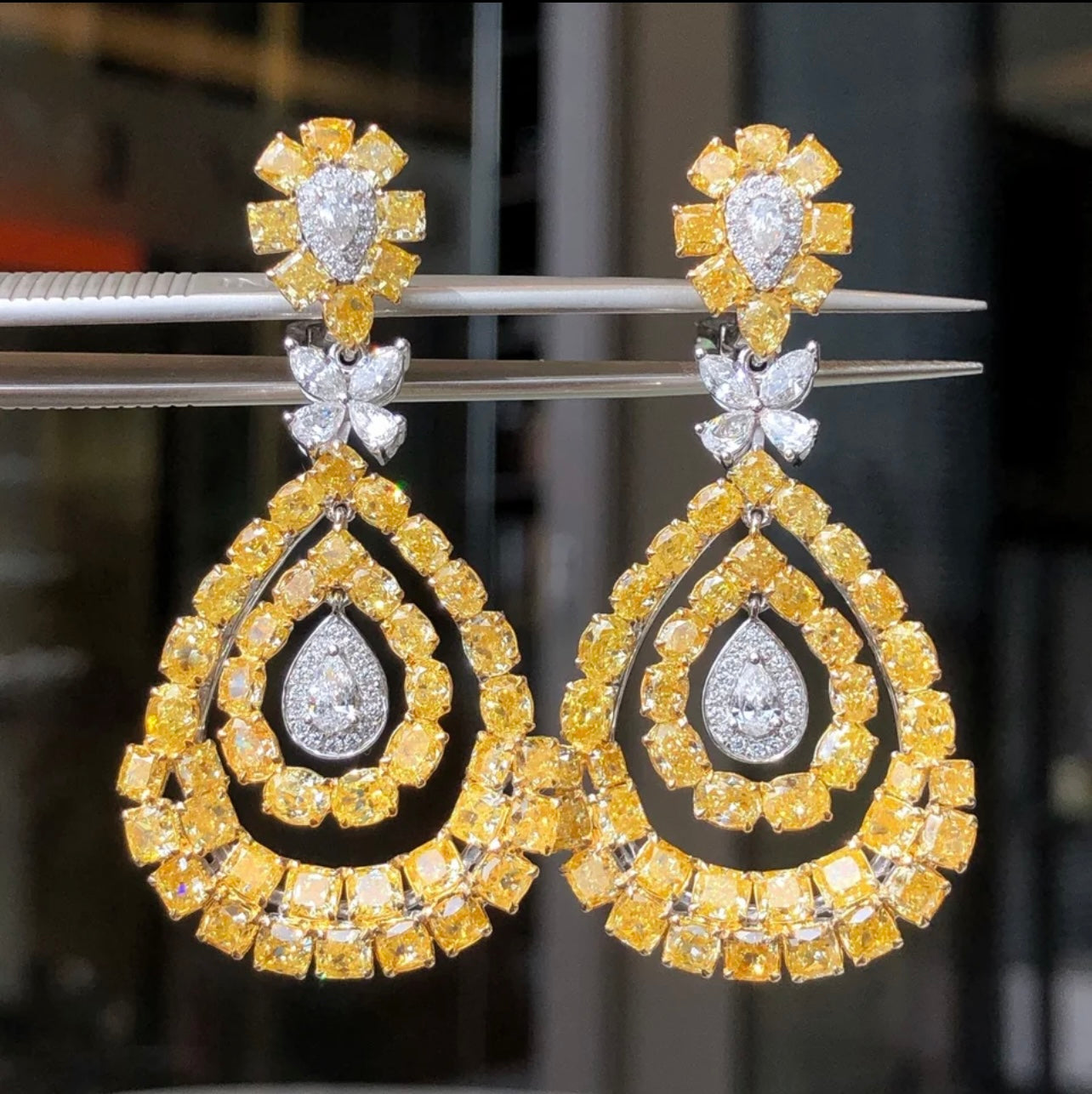 12.00 Carats Fancy Vivid Yellow Diamond Earrings Solid 18K WG Gold