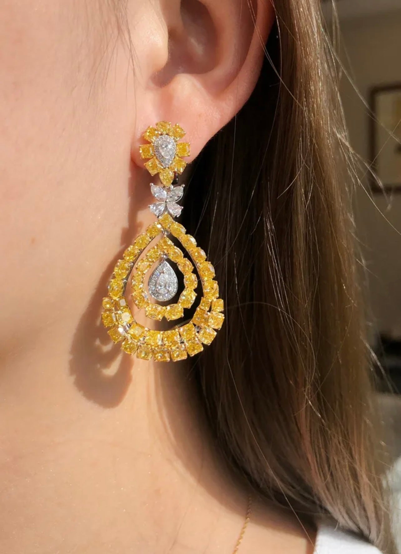 12.00 Carats Fancy Vivid Yellow Diamond Earrings Solid 18K WG Gold