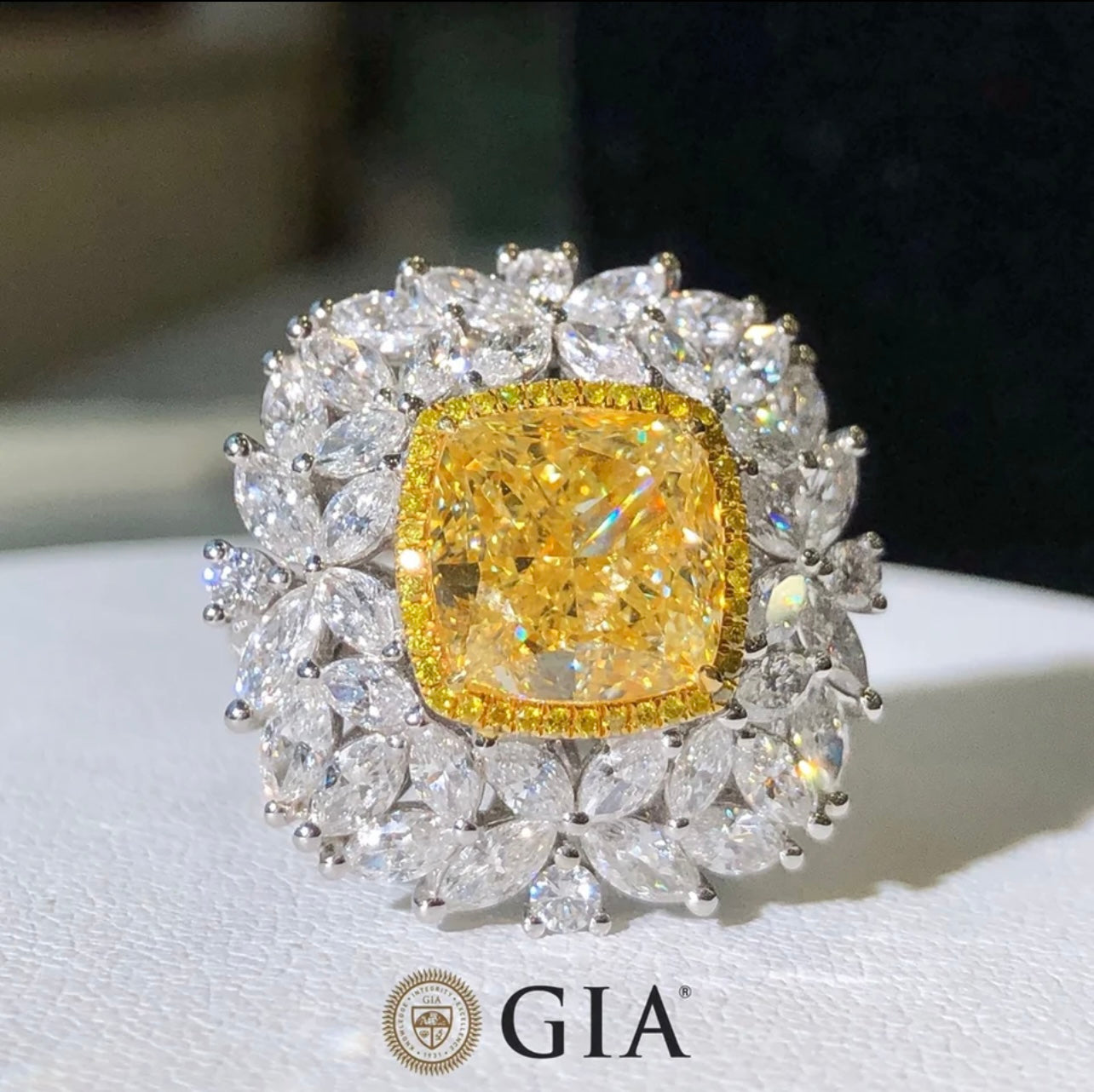 GIA Certified Argyle Diamond 6.00 Carats Fancy Vivid Yellow Brilliant Cushion Cut Diamond Ring Very Beautiful.