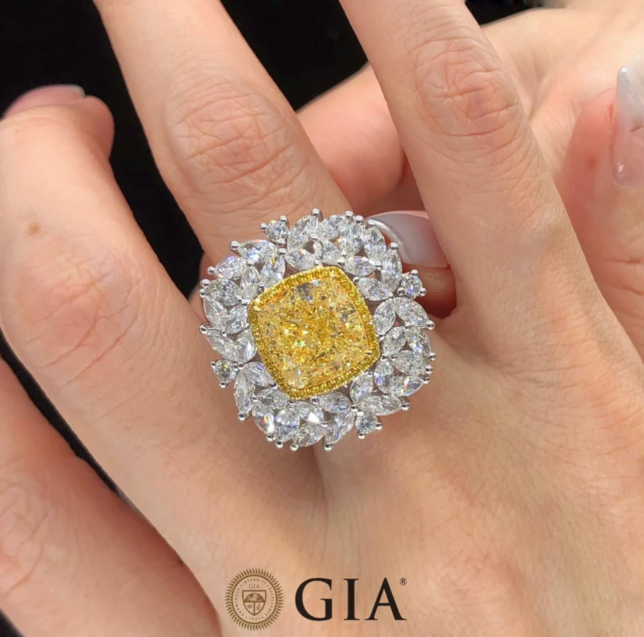 GIA Certified Argyle Diamond 6.00 Carats Fancy Vivid Yellow Brilliant Cushion Cut Diamond Ring Very Beautiful.