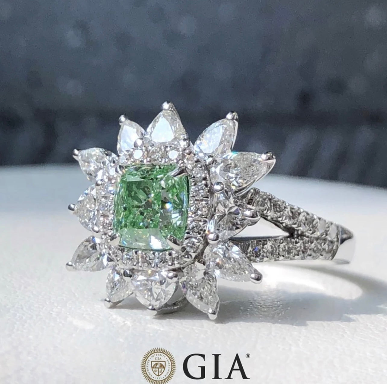 SOLD ••• GIA Certified 2.00 Carat Fancy Vivid Green Brilliant Cushion Cut Diamond Very Rare and Elegant very Beautiful